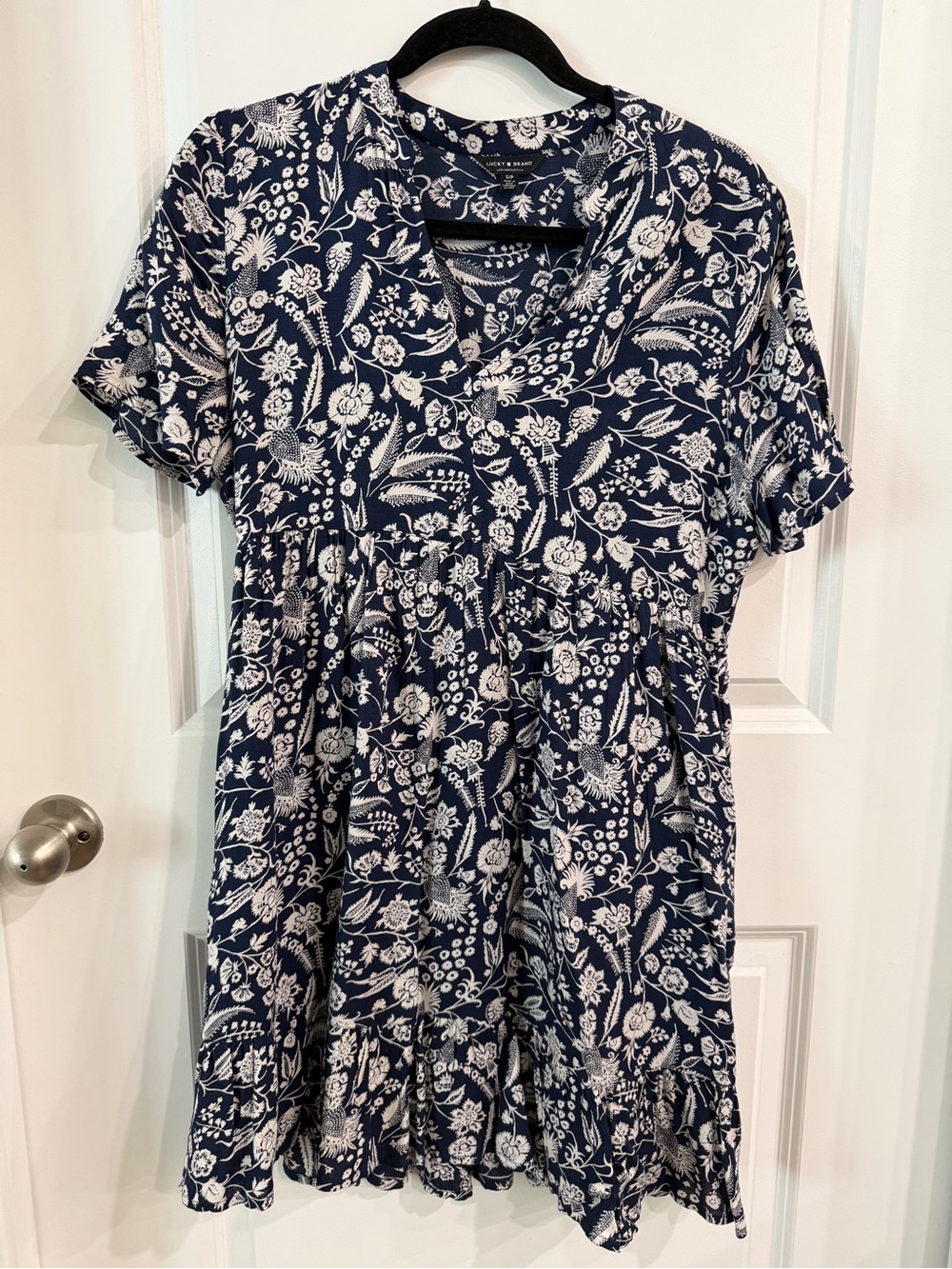 Lucky Brand Navy and White Floral V-Neck Dress